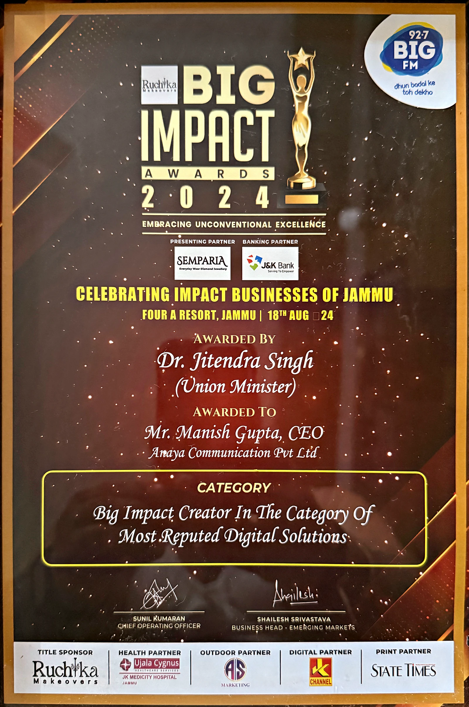 Photograph of the BIG Impact Awards 2024 certificate; full transcription follows.