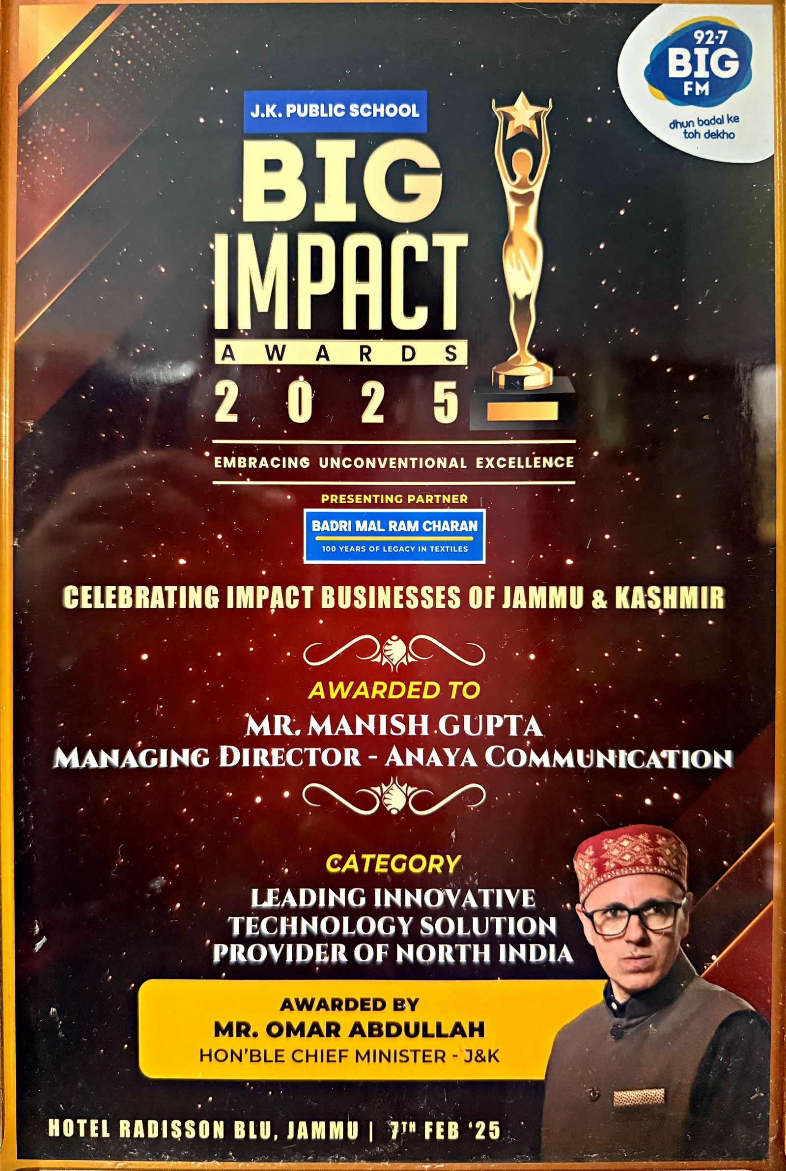 Photograph of the BIG Impact Awards 2025 certificate; full transcription follows.