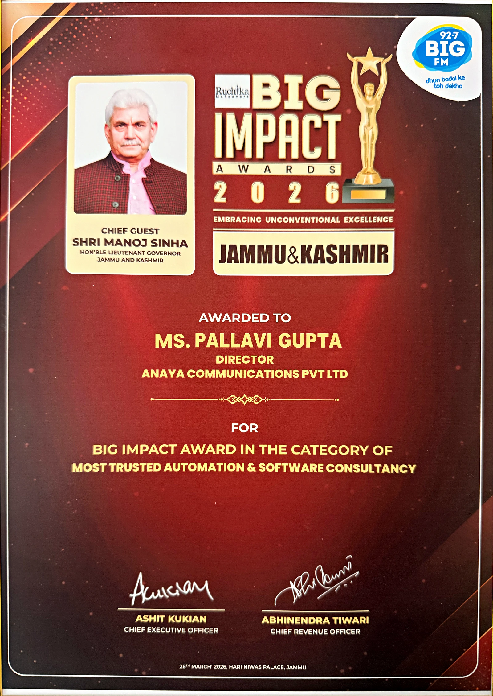 Photograph of the BIG Impact Awards 2026 certificate; full transcription follows.